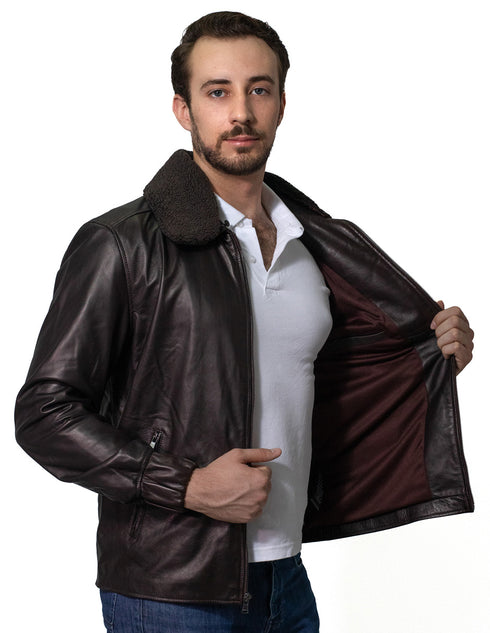 Chamarra Perry Ellis para Caballero en Piel Café Oscuro con Cuello de Borrego.